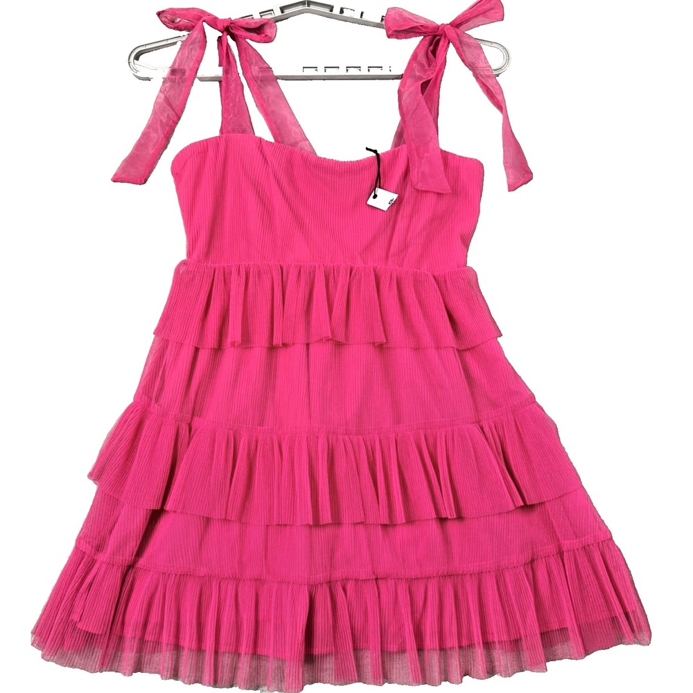 Day + Moon Women Hot Pink Sun Dress L Tiered Ruffles Sheer Go- Go Style Party